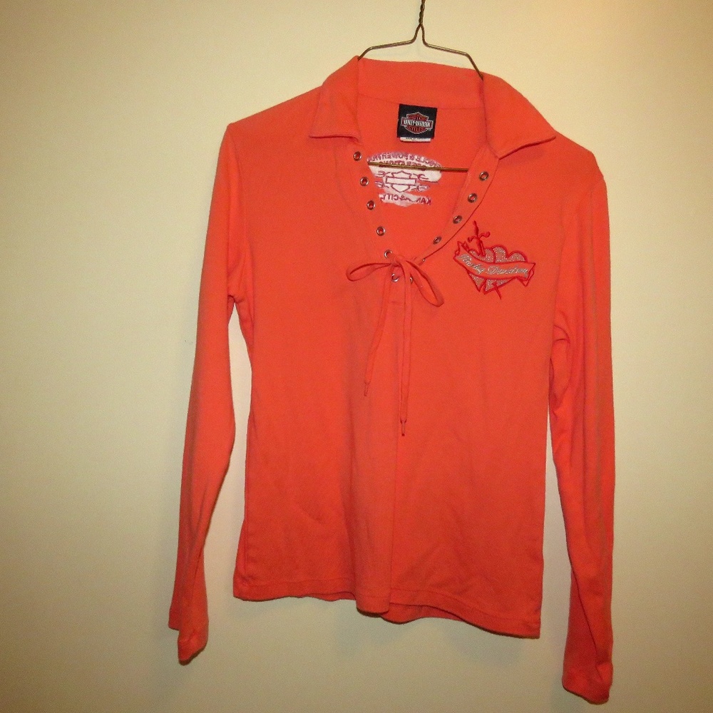 Harley Davidson Orange V Neck Long Sleeve Top M
